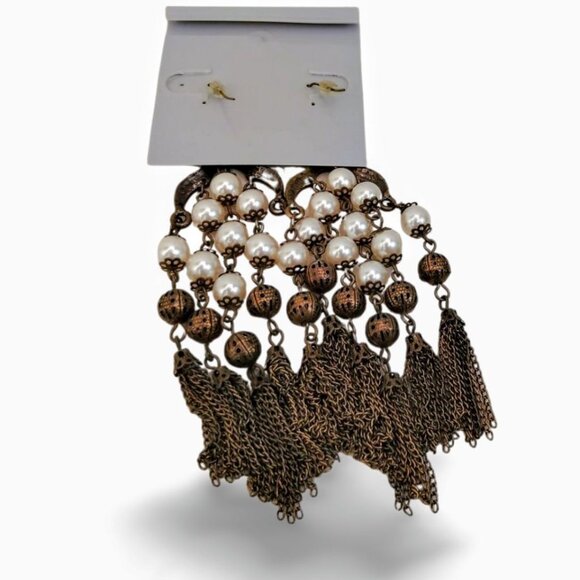 Boho Glam Deadstock Antique Gold Tone Faux Pearl 4.5" Dangle Earrings JW1534 - Picture 5 of 5